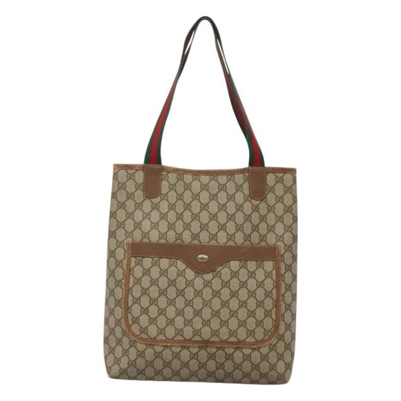GUCCI GG Supreme Web Sherry Line Tote Bag PVC Beige 120 02 003 Auth 128243 - Picture 1 of 15